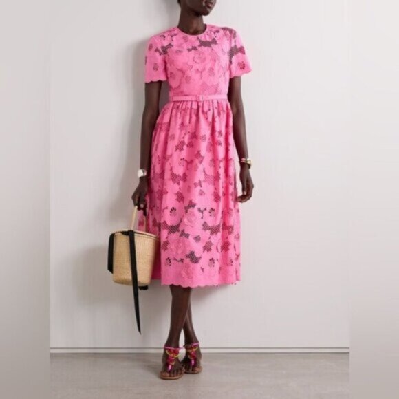 NEW Self-Portrait Cotton Lace Midi Dress Pink SS24 | UK 8  / US 4 - Picture 1 of 14